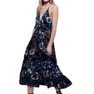 FREE PEOPLE | Pages Of Gold Dark Floral Tiered Maxi Or Midi Dress Boho Flowy M